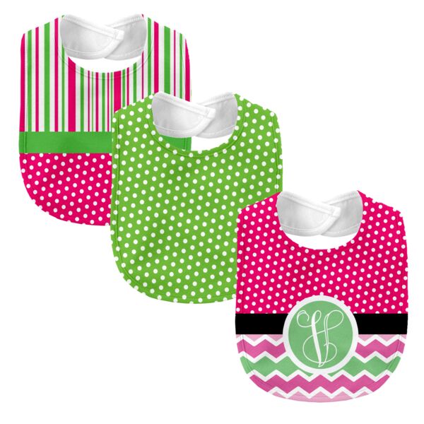 Monogrammed Melon Days Hot Pink 3 Piece Baby Bib Set  Thumbnail